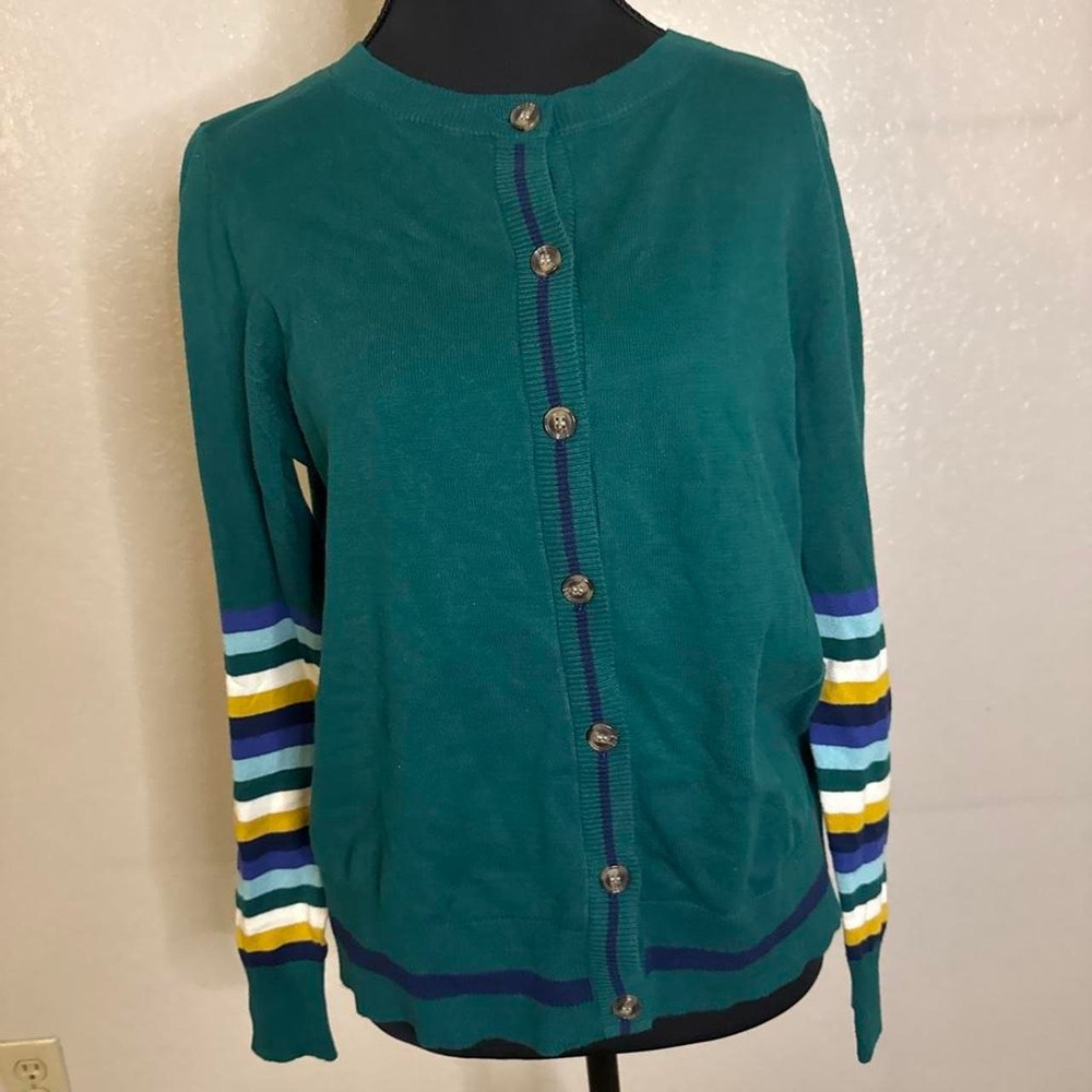 Teal cardigan with striped sleeves